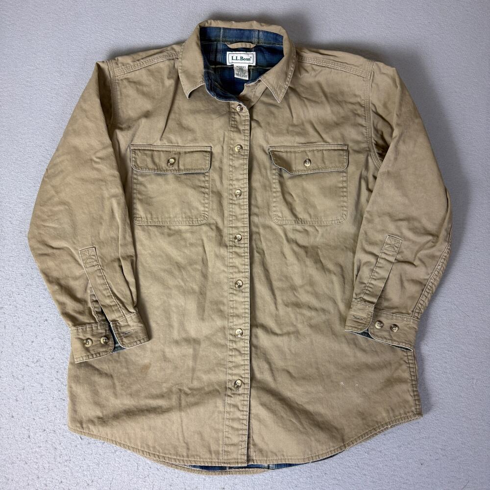 L.L.Bean Women’s Medium Flannel Lined Cotton Shirt Jacket Khaki Plaid